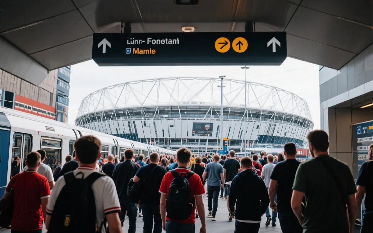 比赛日球迷从地铁站步行到球场的动线示意与导视牌