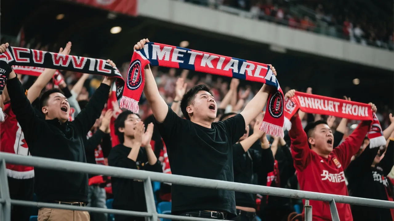 球迷在看台跟随领唱者拍手合唱的场景，强烈的集体节奏感