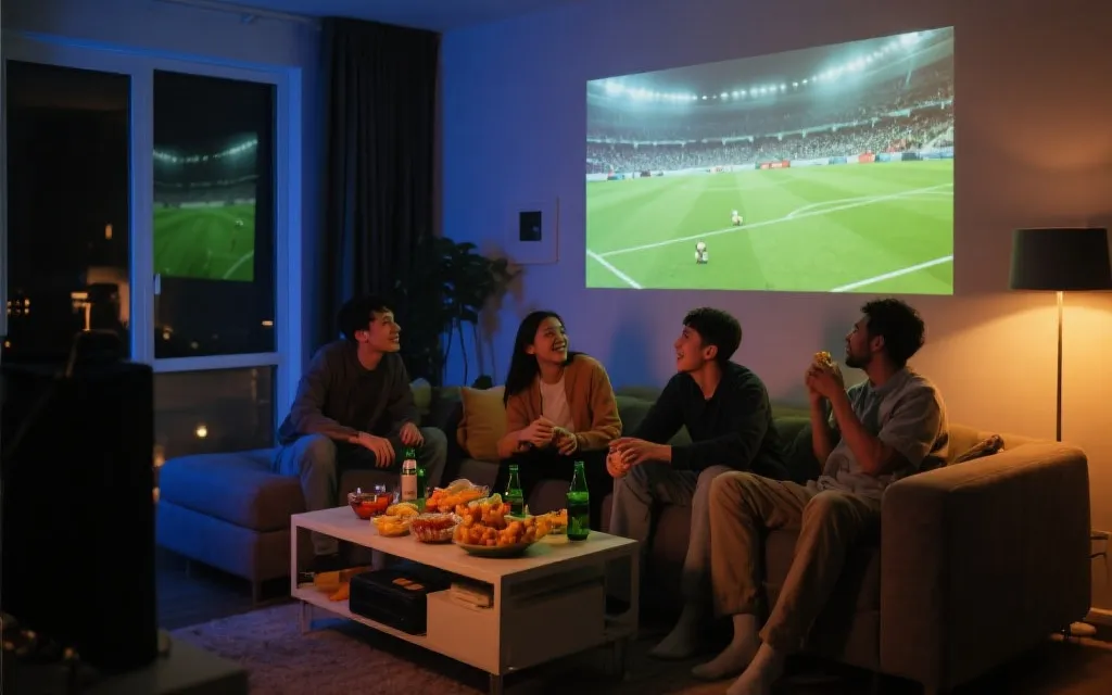 朋友在客厅投影看球的周末社交观赛场景