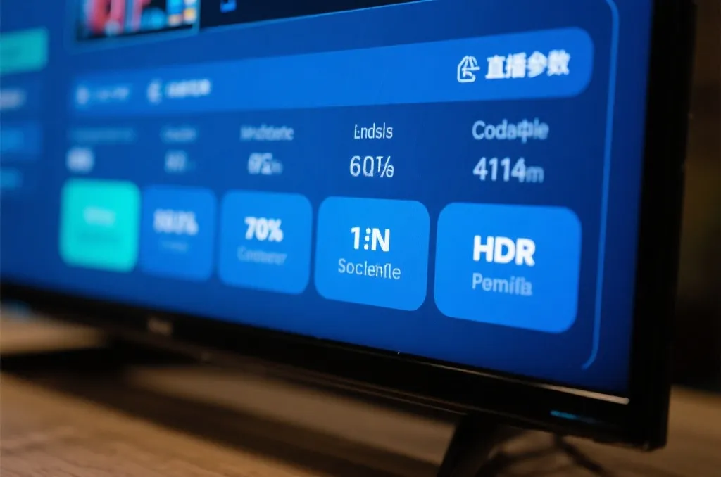 电视画面参数面板展示分辨率、码率与HDR信息的科技感界面